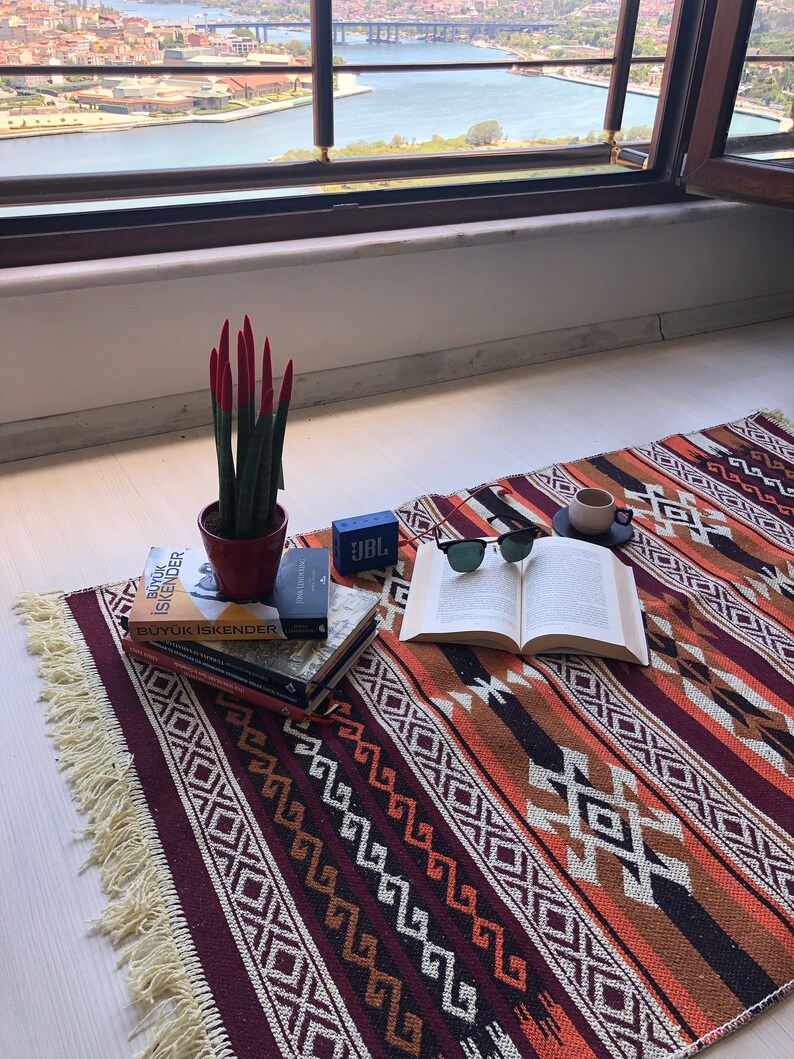 May include: A red and green succulent plant in a terracotta pot sits on a colourful rug with a book, sunglasses, and a small blue speaker. The rug has a geometric pattern in shades of red, orange, brown, and white.