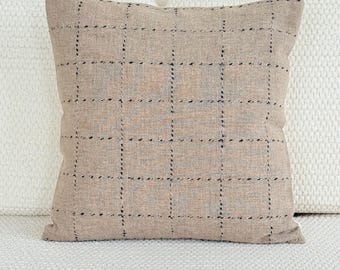 Cream Wool Cushion – Handmade Black & White Stitched Luxury Decorative Pillow