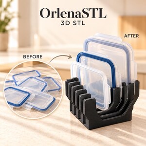 May include: A black plastic organiser rack holding several clear rectangular food storage lids with blue seals. The image includes the text OrlenaSTL 3D STL, BEFORE, and AFTER, showing a disorganised pile of lids transitioning into an organised stack.