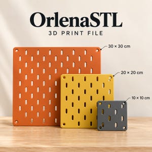 May include: OrlenaSTL 3D Print File. Three square pegboards with vertical slots and corner holes. The largest is orange measuring 30 x 30 cm, the medium is yellow measuring 20 x 20 cm, and the smallest is gray measuring 10 x 10 cm.