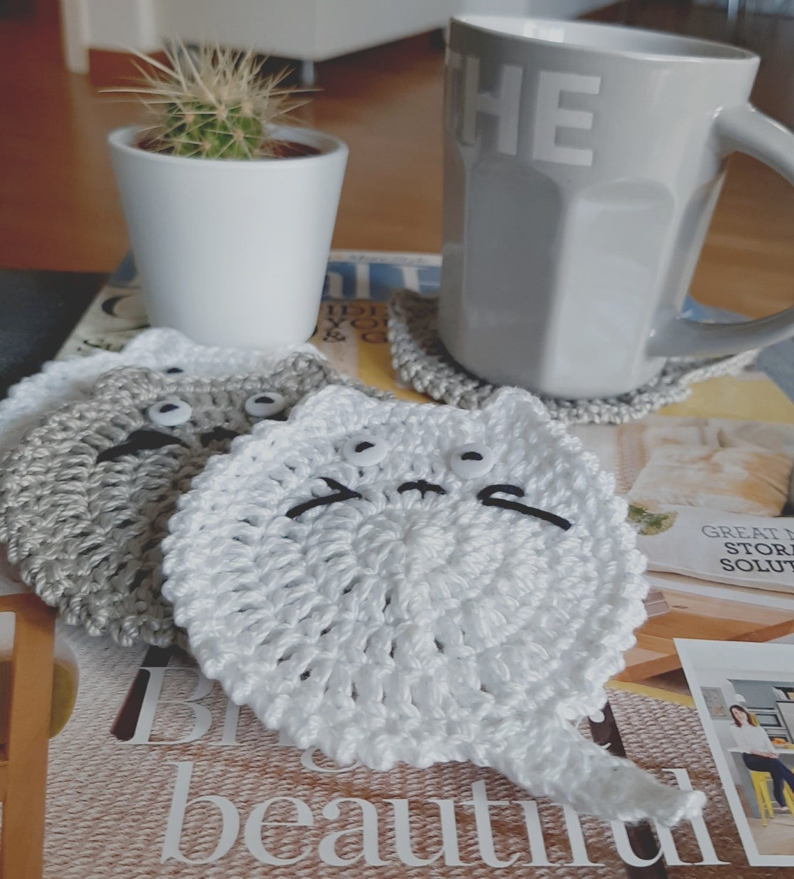 Set of 2 Handmade Crochet Coasters Cute Cat Coasters 100 Etsy