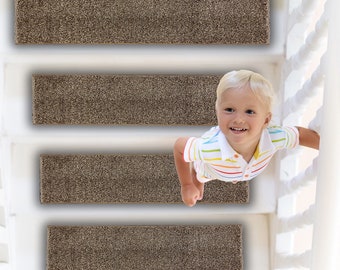 Carpet Stair Treads with Non-Slip Rubber Backing | Custom Depth Size | Wide Stairways | Choose Set Option of 15 or 20-Piece | Brown Speckled