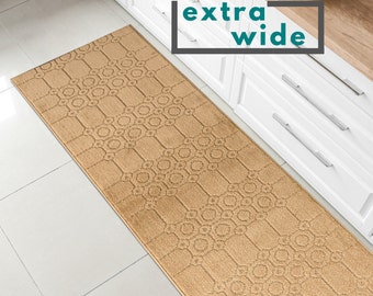 Extra Wide Hallway Kitchen Runner Rug | Non-Slip & Machine Washable | Free Custom Cut | Golden Tan