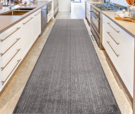 Oversized Extra Long Non-slip Skid Runner Rug for Wide Hallways Kitchens  Laundry Rooms ,CUSTOM LENGTH, Gray With Stripes,pet Safe Pile 