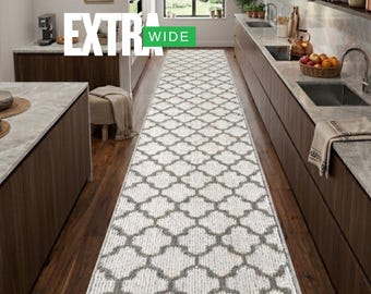 Extra Wide Custom Size Carpet Runner Rug for Hallway Entryway Kitchen Stair Laundry Room with Non Skid Rubber Backing,Trellis Light Gray