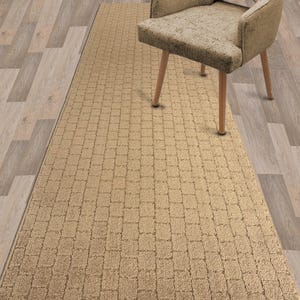Custom Cut Length Hallway Runner Rug | Washable & Non-Slip Rubber Back | Textured Geometric Gold Tan