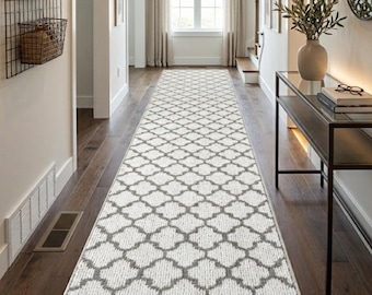 Non-Slip Rubber Backed Hallway Runner Rug | Custom Length, Washable, Lays Flat  | Trellis Light Gray