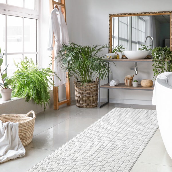 Non-Slip Bathroom Vanity Kitchen Laundry Carpet Runner Rug | Machine Washable | White Gray or Gold Tan |  Solution To Fix Slippery Floors