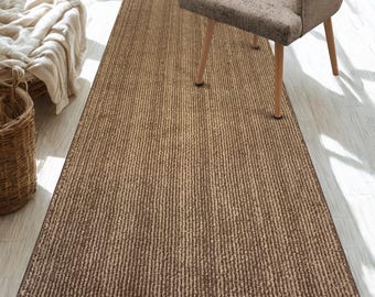 31 Inch Wide Custom Length Runner Rug | Non-Skid & Washable | Brown Tan Striped