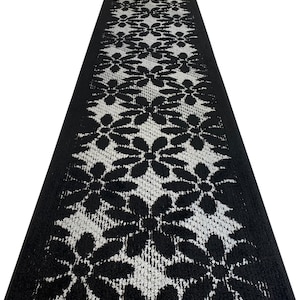Custom Size Rug Runner, Rubber Backed Non-Slip Skid ,Narrow Long Hallway Stair Kitchen Floors Entryways, Washable ,Black-Gray Floral Style