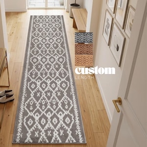 May include: A long runner rug featuring a gray background with a repeating white geometric diamond pattern. The text "custom LENGTH" is visible on the right side, along with small swatches showing the rug in black, brown, and tan color variations.