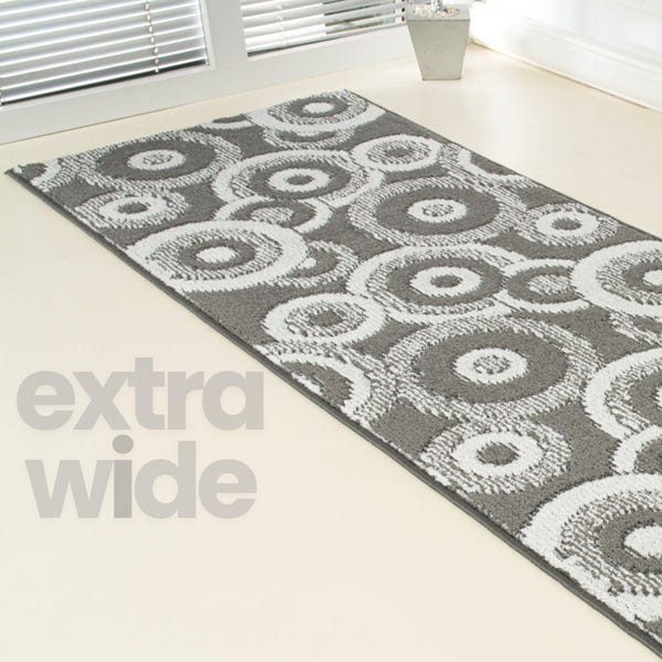 Modern Runner Rug • Machine Made Polypropylene • Geometric Gray Black Brown Blue • Custom Size • Non-Slip Washable • Medium Pile • Indoor