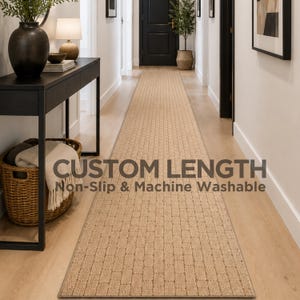 May include: A long, rectangular runner rug with a tan, woven-look pattern covering a hallway floor. The text CUSTOM LENGTH and Non-Slip & Machine Washable is overlaid on the image. The rug features a consistent grid-like texture throughout.