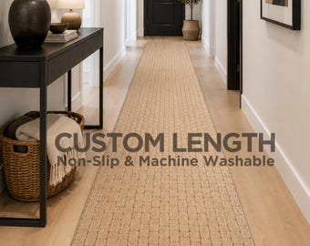 Custom Cut Length Hallway Runner Rug | Washable & Non-Slip Rubber Back | Textured Geometric Gold Tan