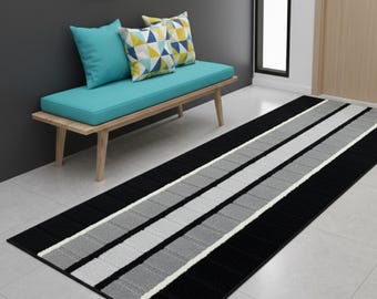 Custom Size Runner 27" Wide | Non Slip Washable Rug | Black Grey Stripe