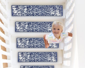 Narrow Stair Carpet Treads, Non-Slip Rubber Backed, 15 or 20-Piece Set, Weathered Herringbone Pattern
