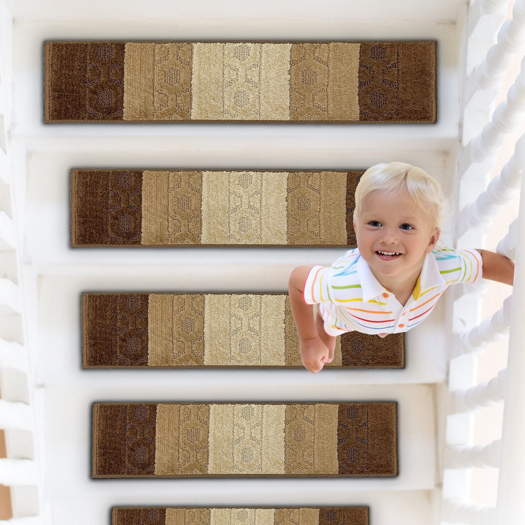 Non-Slip Carpet Stair Treads | Retro Mod 70s Geometric | Set of 15 or 20 | Depth : 8", 8.5", 9", 9.5", 10" for Narrow Stairs