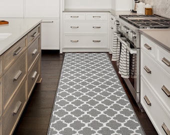 Grey Trellis Runner Rug | 27" Wide (Cut My Size) | Non-Slip Rubber Backing, Pet-Friendly & Washable