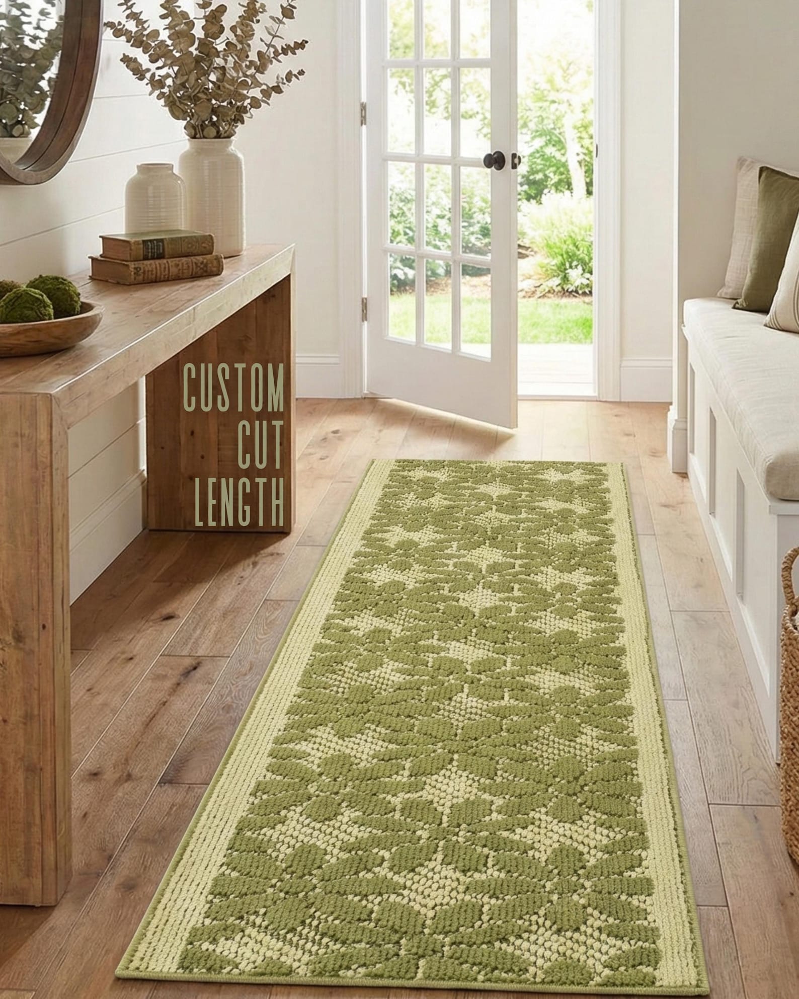 21 foot Cut to Length Green Floral Hallway Runner Rug | Non-Slip & Washable Farmhouse Kitchen Stair Runner - 21 Feet
