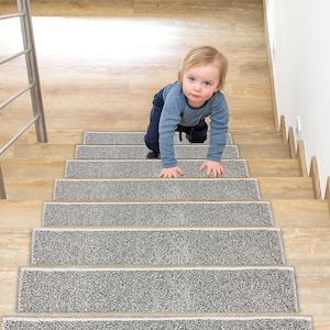 Non-Slip Carpet Stair Treads with Rubber Back | Light Gray Speckled, Custom Depth