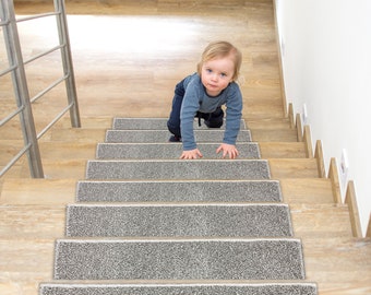 Non-Slip Carpet Stair Treads with Rubber Back | Custom Depth Size | Choose Set Option of 15 or 20-Piece | Pet Friendly | Light Gray Speckled
