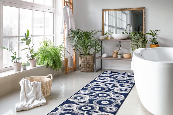 Custom Size Cut Washable Non-Slip Rubber Backed Bathroom Vanity Kitchen Laundry Sink Runner Rug Mat | Modern Geometric Black Gray Brown Blue