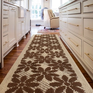 CUSTOM SPECIAL LENGTH Retro Vintage Boho Floral Brown-Beige Runner Rug ,Wide Long Hallway Entryway Kitchen Makeover ,Non Slip Rubber Backed