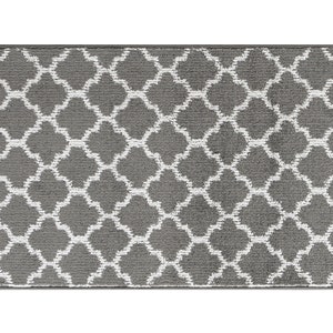 May include: A gray and white patterned runner rug with a geometric design. The rug has a subtle sheen and a soft texture.