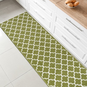 Wide Width Green Kitchen Floor Rug Runner Mat with Anti-Slip Grippy Rubber Backing ,NO Curl Edges NO Messy Rug Pads, 6 8 10 12 15 ft Long