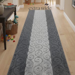 Extra WIDE Custom Size Non-Slip Runner Rug for Long Hallway Kitchen | Transitional Gray Scroll