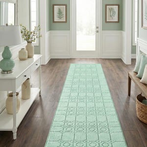 Soft Mint Teal Green Runner Rug | Custom Length | Non-Slip Rubber Back | Hallway Kitchen Bathroom