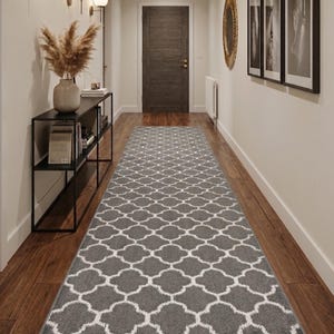 Extra Wide Custom Size Indoor Carpet Runner Rug for Hallway Entryway Kitchen Stair Laundry Room with Non Skid  Rubber Backing, Trellis Gray