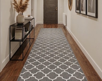 Extra Wide Custom Size Indoor Carpet Runner Rug for Hallway Entryway Kitchen Stair Laundry Room with Non Skid  Rubber Backing, Trellis Gray