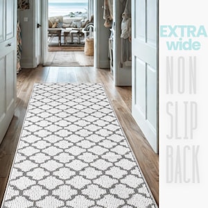Extra Wide Custom Size Carpet Runner Rug for Hallway Entryway Kitchen Stair Laundry Room with Non Skid Rubber Backing,Trellis Light Gray