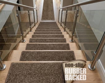 Custom Non-Slip Carpet Stair Treads | Thick Rubber-Backed, No Adhesive, No Tape Needed | Brown Speckled