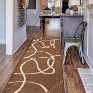 Cut to Length Runner Rug for Hallway Kitchen Entry with Non Skid Slip Rubber Backing,27-inch Wide Width, Vintage Retro 70's Look, Washable