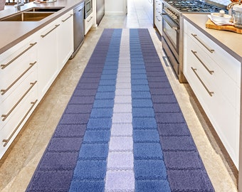 39″ Wide Blue Runner Rug, Non-Slip & Washable, Custom Length for Hallway, Kitchen and Stairs