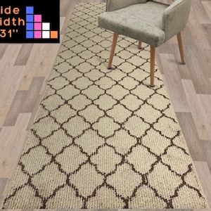 Moroccan Trellis Beige ,Wide Width Runner Rug ,Custom Size Slip Skid Resistant Rubber Back ,Hallway Aisle Corridor Carpet, Sold by the Foot