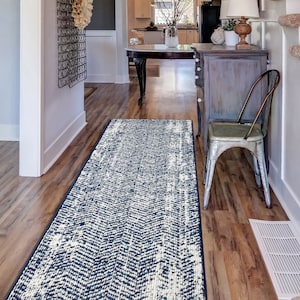 Coastal Nautical Home Decor Non Slip Carpet Runner Rug with Rubber Backing ,Customizable Length,Sold by the Foot ,Blue Abstract Vintage Look