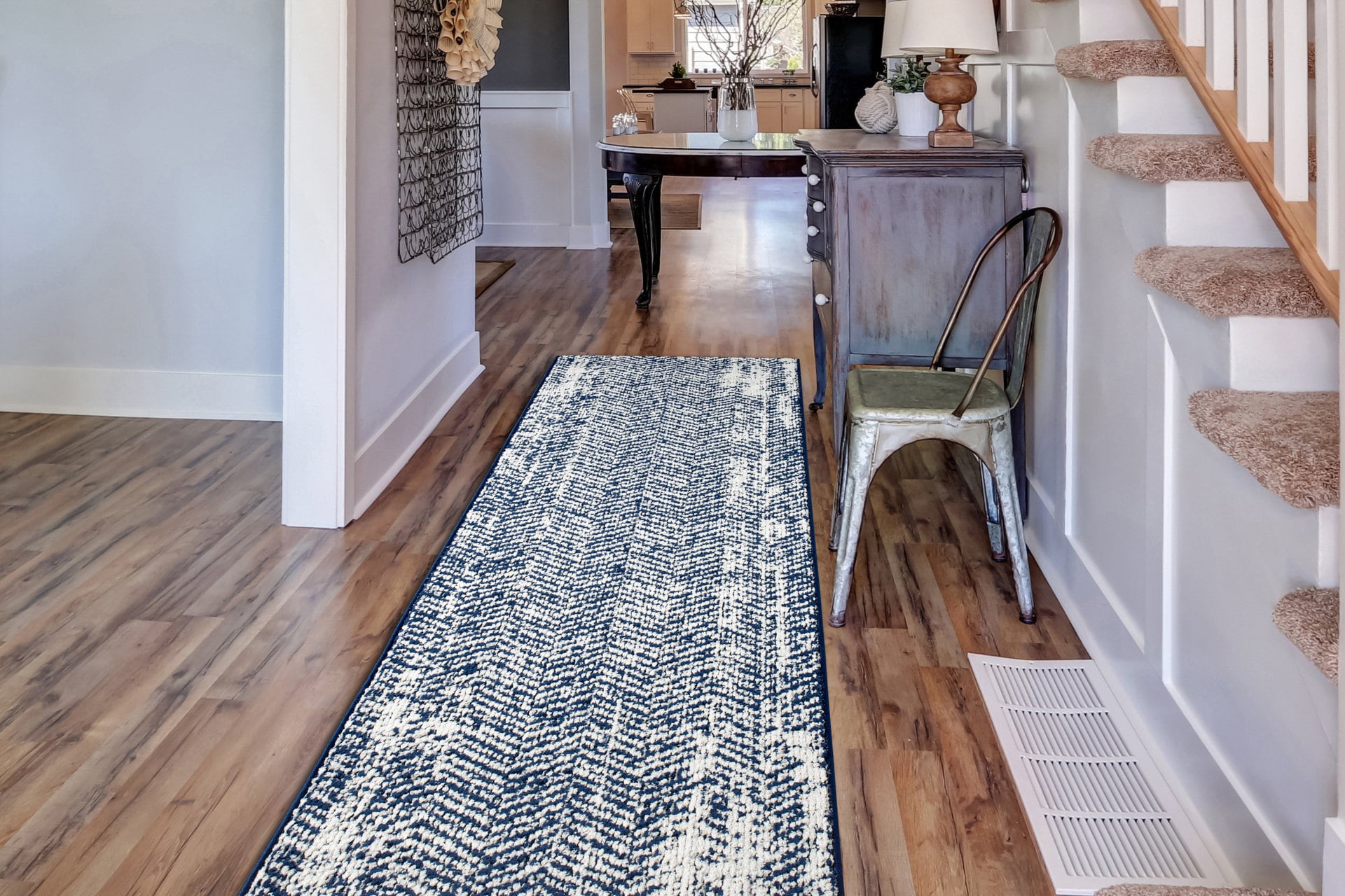 Coastal Nautical Home Decor Non Slip Carpet Runner Rug with Rubber Backing ,Customizable Length,Sold by the Foot ,Blue Abstract Vintage Look