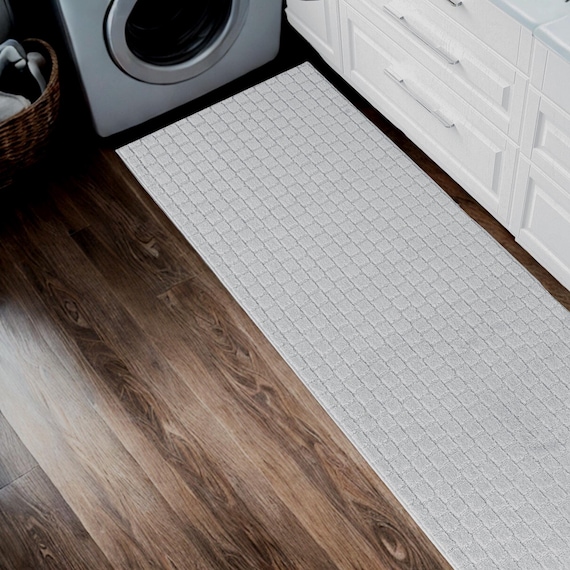 Non-Slip Custom Runner Rug | Washable Kitchen Hallway Runner for Narrow Galley Spaces | White Grey
