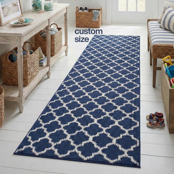 Navy Blue Trellis Runner Rug | 26 Inch Width & Custom Length | Non-Slip Washable Coastal Runner