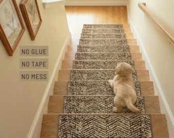Non Slip Custom Stair Treads, Faded Brown Beige Chevron, Washable Pet Safety Carpet