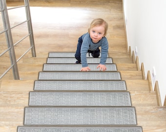 Non-Slip Custom Stair Treads | Strong Grip Rubber Back | Pet Safe & Washable | Light Grey