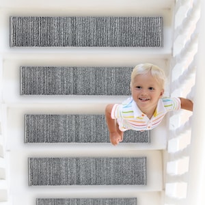 Non-Slip Carpet Stair Treads | Multiple Depths Options | Hand Made Sets of 15 or 20-Piece | Affordable Traction and Safety | Striped Grey
