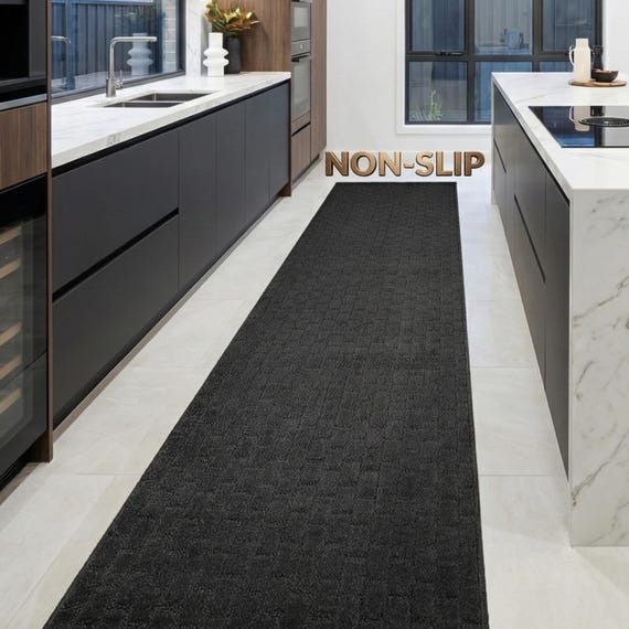 Washable Custom Length Hallway Kitchen Runner Rug | 31-inch Wide Non-Slip Modern Anthracite Dark Grey