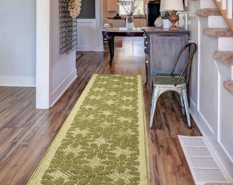 Custom Size Floral Green Hallway Entryway Kitchen Double Sink Bathroom Vanity Runner Rug Mat with Slip Skid Resistant Latex Rubber Backing