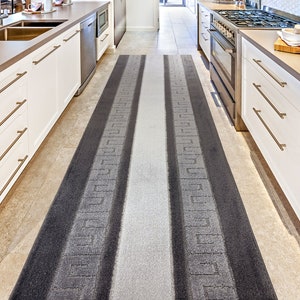 May include: A gray and white striped runner rug with a geometric pattern. The rug is placed in a kitchen between two white cabinets.