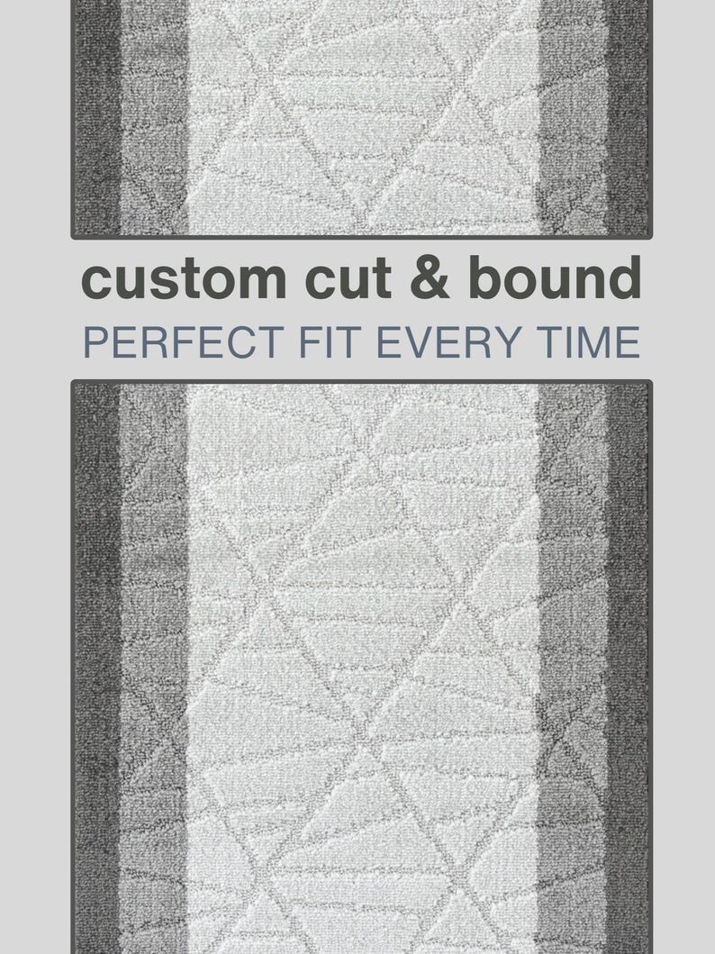 Custom cut and bound gray runner rug graphic showing close-up edges with text “custom cut & bound” and “Perfect Fit Every Time” on a light gray background.