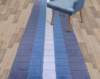 Blue Custom Size Runner Rug | Waste Free Exact Fit | Non Slip Traction & Floor Protection